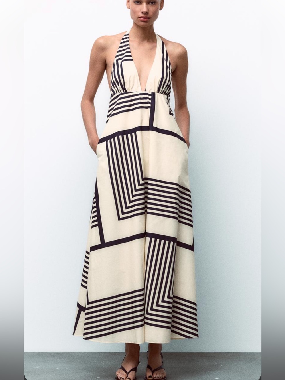 ZARA STRIPED POPLIN HALTER MIDI DRESS BLACK-WHITE SZ M